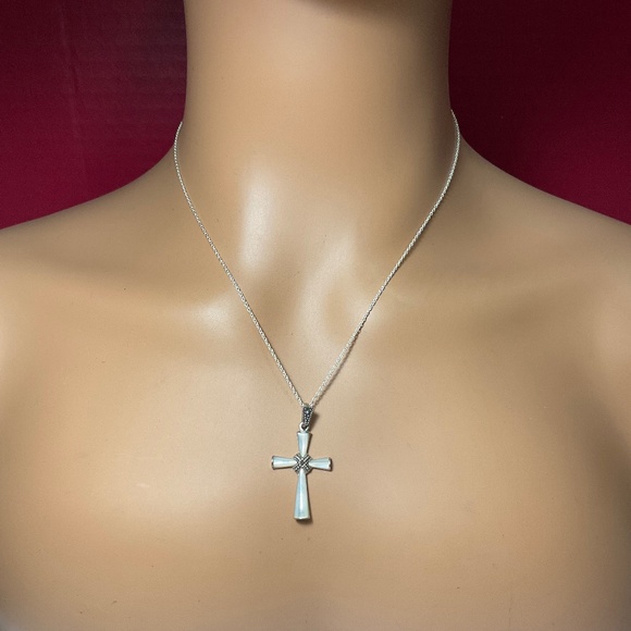 Sterling Silver Mother of Pearl Cross with Marcasite Accents. 19.5” long - Picture 1 of 6